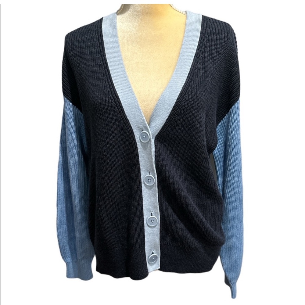 Talbots Pima Cotton Colorblock Shaker Stitch Button Front Knit Cardigan Size M - Picture 2 of 9